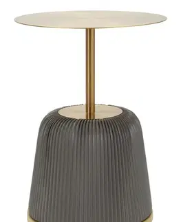 Estila Designový glamour zlatý příruční stolek Giselle s kulatou vrchní deskou a podstavou s čalouněním z šedé ekokůže 40 cm