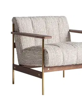 Estila Luxusní art deco křeslo Halor s béžovým čalouněním a konstrukcí ze zlatého kovu a tmavého hnědého dřeva 72 cm