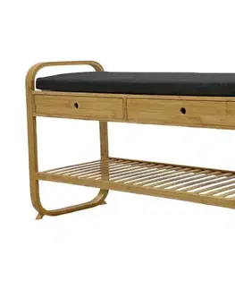 Estila Designová retro lavice Bobby z hnědého bambusu se dvěma zásuvkami s roštovou policí s tmavě šedým polštářem na sezení 100 cm