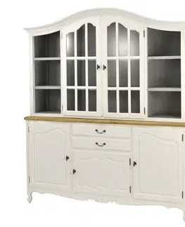 Estila Luxusní provence vitrína Preciosa v zaobleném bílém provedení s dvěrky a šuplíky a hnědou deskou 220cm