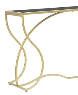 Estila Designový glamour konzolový stolek Vertilio s černou skleněnou deskou a zlatou kovou podstavou se zvlněnýma nohama 130 cm