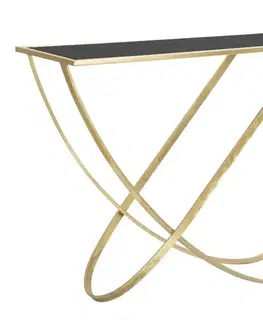 Estila Designový glamour obdélníkový konzolový stolek Vertilio se zlatou kovovou podstavou černou skleněnou deskou 120 cm