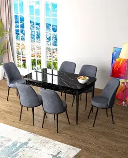 Extendable Dining Table & Chairs Set (7 Pieces) Zen - Black Marble, Fume