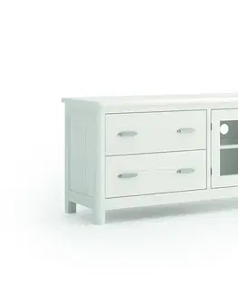 Estila Luxusní masivní TV stolek Cerdena se skleněnými dvířky a dvěma šuplíky 138cm