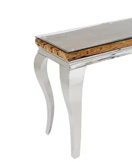 Estila Luxusní glamour konzolový stolek Modern Barock s chromovou konstrukcí a deskou z hnědého masivního dřeva a skla 145 cm
