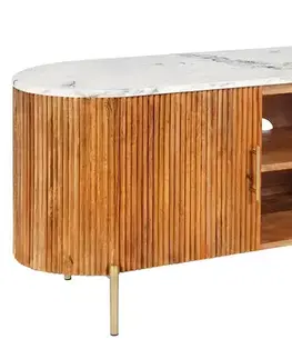 Estila Art deco hnědý oválný TV stolek Celestia z mangového dřeva s bílou mramorovou deskou se zlatými úchyty 140 cm