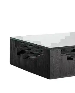 Estila Luxusní art deco masivní čtvercový konferenční stolek Cubia Nera z mangového černého dřeva se skleněnou deskou 98 cm