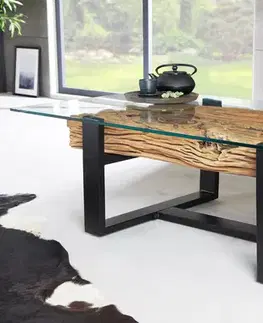 Estila Industriální konferenční stolek Barracuda se skleněnou deskou a detailem z teakového dřeva 130 cm