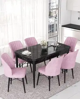 Extendable Dining Table & Chairs Set (7 Pieces) Nef - Black Marble, Pink