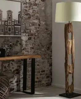 Estila Moderní designová stojací lampa Adelise v etno stylu s dřevěnou podstavou as bílým stínítkem 177cm