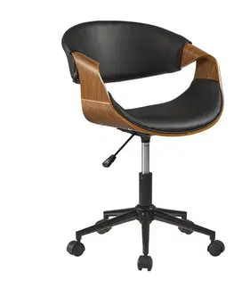 Estila Retro otočné výškově nastavitelné kancelářské křeslo Norwich s koženým černým potahem a dřevěným detailem 83 cm