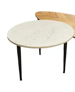 Estila Moderní set konferenčních stolků Saver z mramoru a akáciového dřeva v bílé a hnědé barvě s černými nožičkami 110 cm