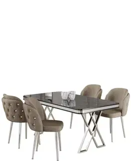 Dining Table & Chairs Set (5 Pieces) Rigel - Black Marble, Chrome, Cappuccino