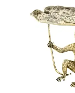 Estila Stylový art deco příruční kovový stolek Monkey s přírodními motivy v podobě listu a opice ve zlaté antické barvě 55 cm