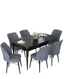 Extendable Dining Table & Chairs Set (7 Pieces) Nef - Black Marble, Fume