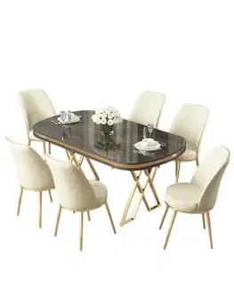 Dining Table & Chairs Set (7 Pieces) Lai - Anthracite, Gold, Cream