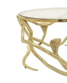 Estila Glamour zlatý kulatý konferenční stolek Tierra Glam s průhlednou skleněnou deskou a kovovou podstavou s designem kober 70 cm
