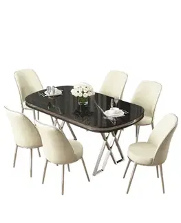 Dining Table & Chairs Set (7 Pieces) Lai - Black Marble, Chrome, Cream