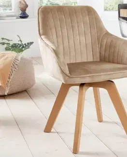 Estila Skandinávské moderní otočné sametové jídelní křeslo Caballet s opěrkami na ruce a potahem béžové barvy 84cm