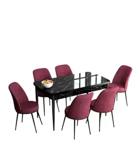 Extendable Dining Table & Chairs Set (7 Pieces) Han - Black Marble, Burgundy