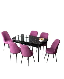 Extendable Dining Table & Chairs Set (7 Pieces) Zen - Black Marble, Purple