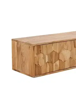 Estila Masivní závěsný třídveřový TV stolek Mozaika z akáciového dřeva v hnědé barvě s hexagonálním reliéfem 160 cm