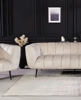 Estila Sametová moderní sedačka Vermont v krémové champagne barvě na černých nožičkách s prošíváním v art deco stylu 225cm