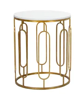 Estila Art deco sada zlatých kulatých kovových příručních stolků Lancelot s deskou s mramorovým designem v bílé barvě 55 cm