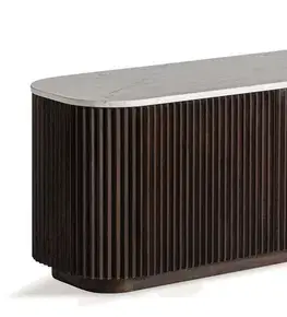 Estila Luxusní art deco hnědý čtyřdveřový mramorový TV stolek Acordeo s lamelami s vrchní bílou deskou
