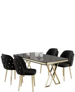 Dining Table & Chairs Set (5 Pieces) Rigel - Black Marble, Gold, Black