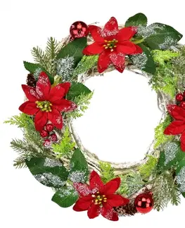 Vánoční zdobený věnec Poinsetie a proutí, 30 cm
