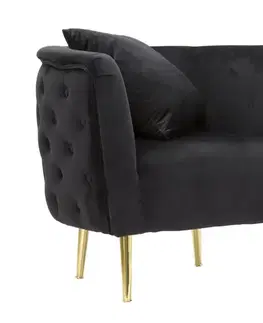 Estila Art deco zaoblené prošívané čalouněné křeslo Zeran se sametovým potahem v černé barvě se zlatými kovovými nožičkami 76 cm