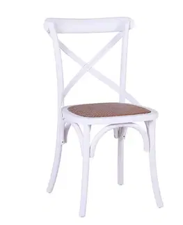 Estila Designová bílá provensálská jídlní židle Saint Remy s ratanovou sedací částí a překříženou opěrkou 89 cm