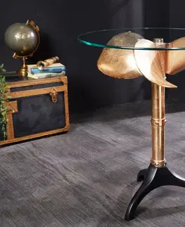 Estila Koloniální příruční stolek Helice se skleněnou vrchní deskou a nohou s designem lodního šroubu ve zlaté barvě 73 cm