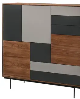 Estila Skandinávská designová komoda Nordica Nogal z ořechově hnědého dřeva se šedými a tmavě šedými zásuvkami a dvířky 130cm