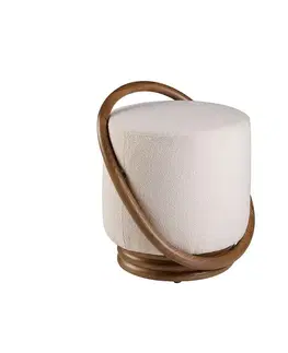 Estila Luxusní designová kulatá taburetka Vita Naturale s bílým textilním potahem a hnědými dřevěnými detaily 47 cm