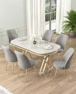 Dining Table & Chairs Set (7 Pieces) Lai - White, Gold, Grey