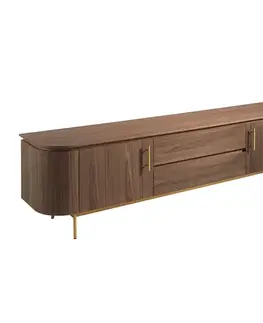 Estila Luxusní art deco TV stolek Vita Naturale z hnědého ořechového dřeva se zlatými detaily se dvěma skříňkami a zásuvkami 220 cm