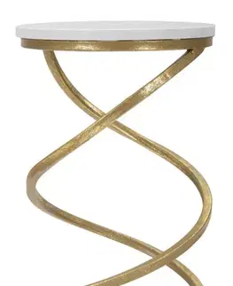 Estila Designový glamour kulatý bílý příruční stolek Vortex s mramorovým designem se spirálovou zlatou konstrukcí 47 cm