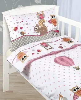 Bellatex Dětské bavlněné povlečení do postýlky Agáta Sovička růžová, 90 x 135 cm, 45 x 60 cm