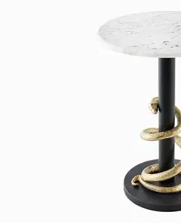 Estila Stylový art deco příruční mramorový stolek Tierra Glam s kulatou bílo šedou deskou a černou nohou s hadí dekorací 54 cm