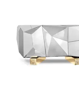 Estila Luxusní stříbrný příborník s lesklým povrchem as pozlacenýma mosaznýma nohama s odlévaným detailem Diamond Pyrite 185 cm