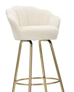 Estila Art deco krémová barová židle Florencie s čalouněným opěradlem ve tvaru mušle a zlatými kovovými nožičkami 110 cm