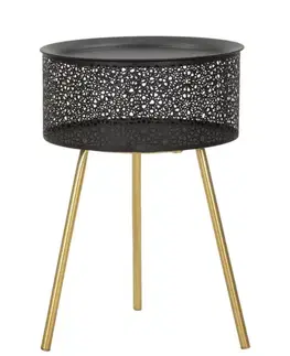 Estila Designový glamour černý příruční stolek Amira kulatého tvaru s úložným prostorem s perforací se zlatými nožičkami 50 cm