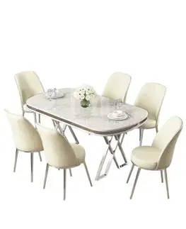 Dining Table & Chairs Set (7 Pieces) Lai - White, Chrome, Cream