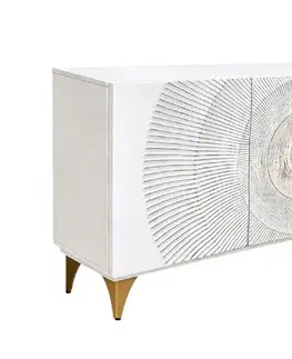 Estila Art deco bílý třídveřový příborník Cumbria se zlatými nožičkami a kulatým úchytem s 3D reliéfem s designem slunce 140 cm