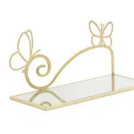 Estila Designová sada obdélníkových glamour zrcadlových polic Papillon se zlatým kovovým rámem s dekorativními motýly 41 cm