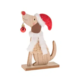 Vánoční dekorace Dřevěný pes s čepicí, 21 cm