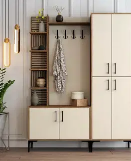 Vešák s botníkem, policemi a skříňí Viyana Walnut and Cream