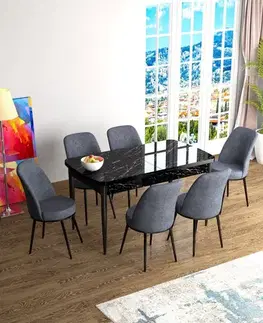 Extendable Dining Table & Chairs Set (7 Pieces) Han - Black Marble, Fume